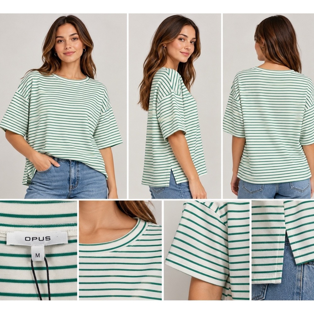 Opus Womens Green White Striped Boxy T-Shirt Size M Crew Neck Short Sleeve NEW